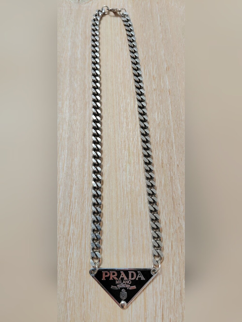 Prada Silver-Tone Black Triangle Logo Necklace